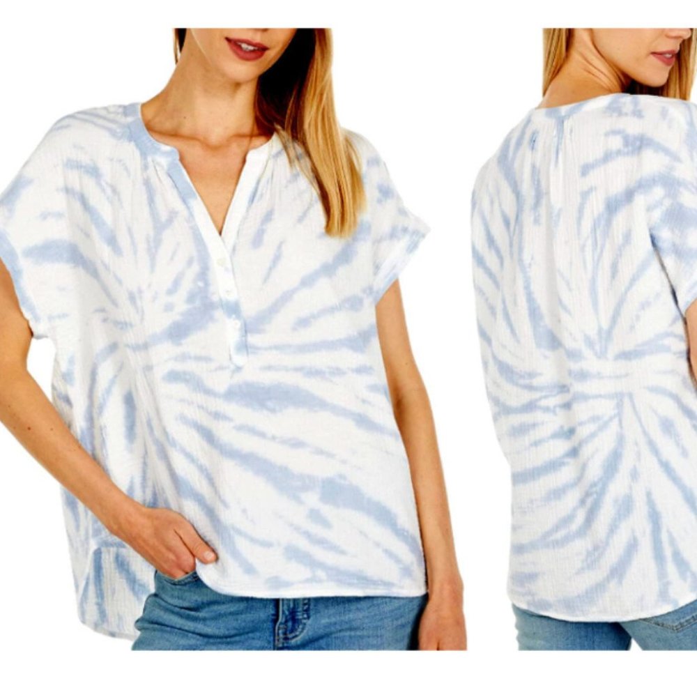 Lucky Brand Blue & White Tie-Dye Short Sleeve Top | Size XL - Picture 2 of 5